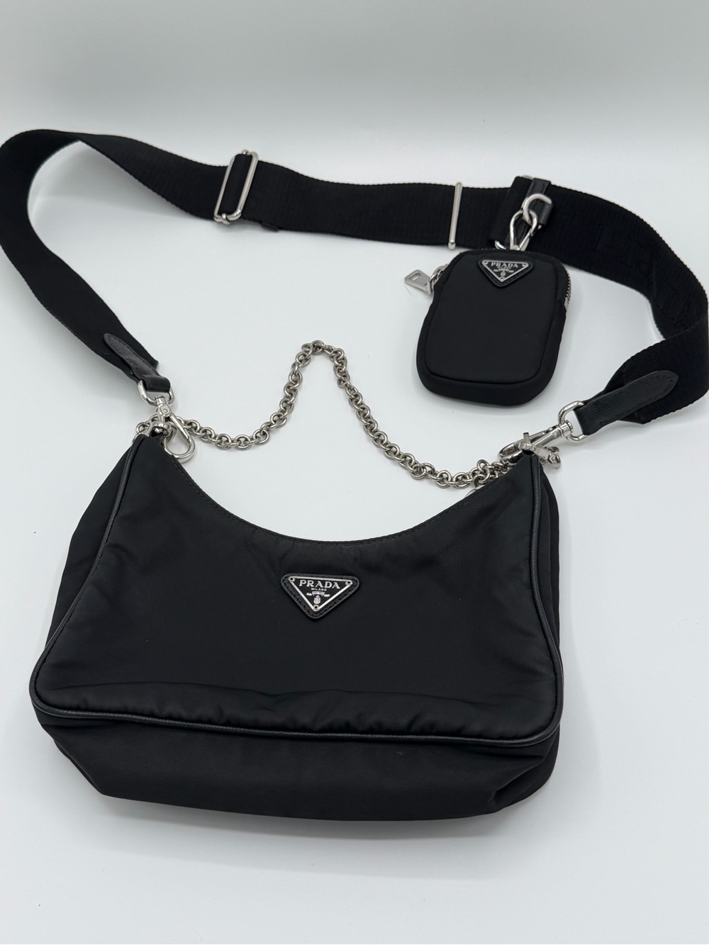 Prada Black Nylon Shoulder Bag with Chain Accent and Detachable Pouch